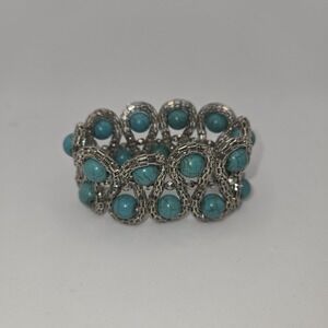 Turquoise Howlite Beaded Stretch Bracelet Silver Tone Wide Layered Link Statemen